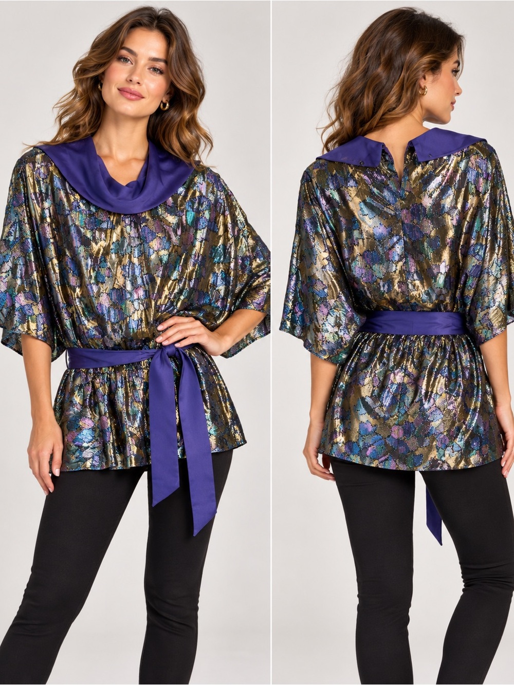 Maison Wilson Vintage 80s Metallic Multi-Color Satin-Trim Blouson Top - Purple L
